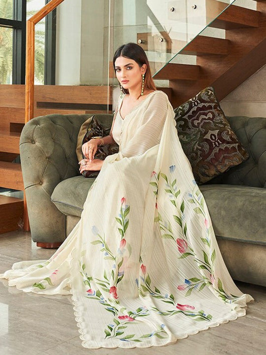 Women Chiffon White Printed Saree