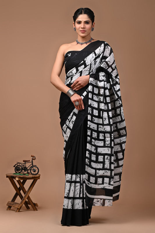 Pure Mul cotton Hand print saree with Blouse.