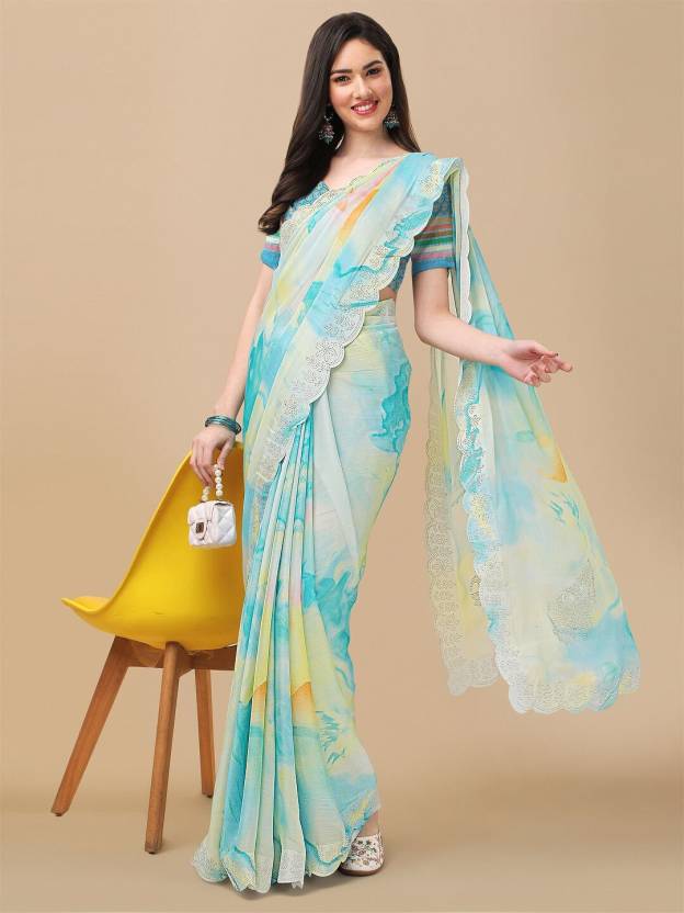 Abstract Print Saree with Scalloped Border