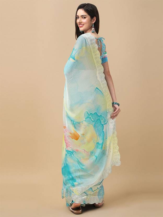 Abstract Print Saree with Scalloped Border